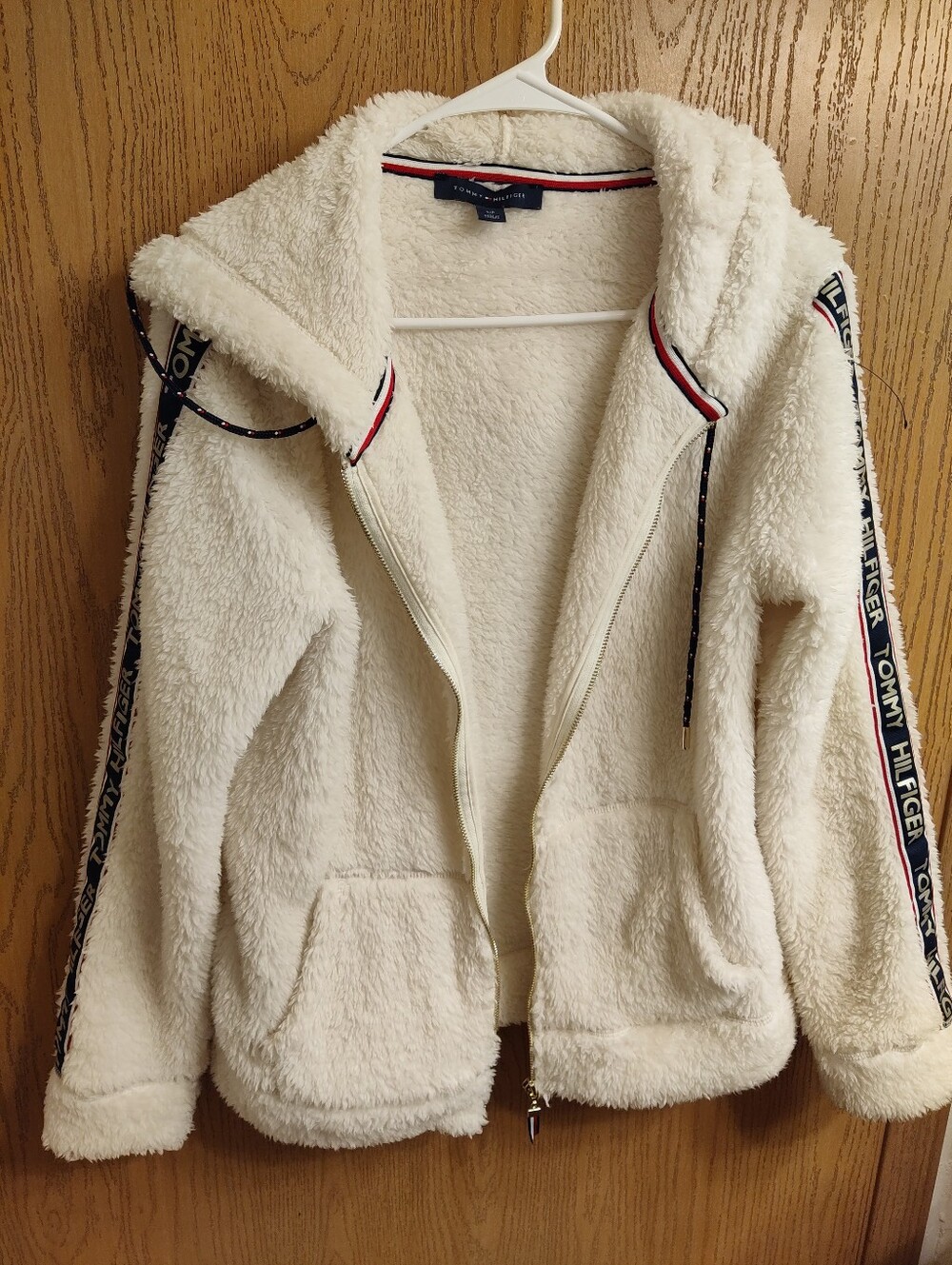 Tommy Hilfiger Ivory Sherpa Hooded Zip Jacket with Logo Tape